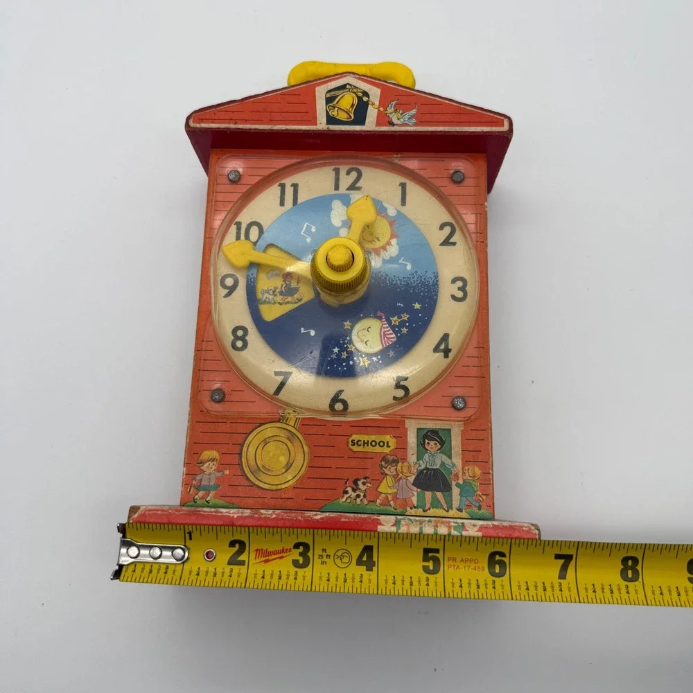 Vintage 1968 Fisher Price 998 Music Box Teaching Clock Kids Red Wood Toy TESTED